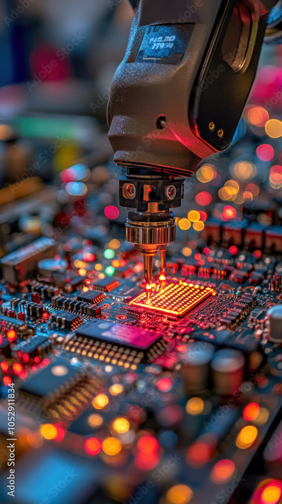 Poster a robot is working on a computer chip. the robot is surrounded by a lot of lights and the chip is gl