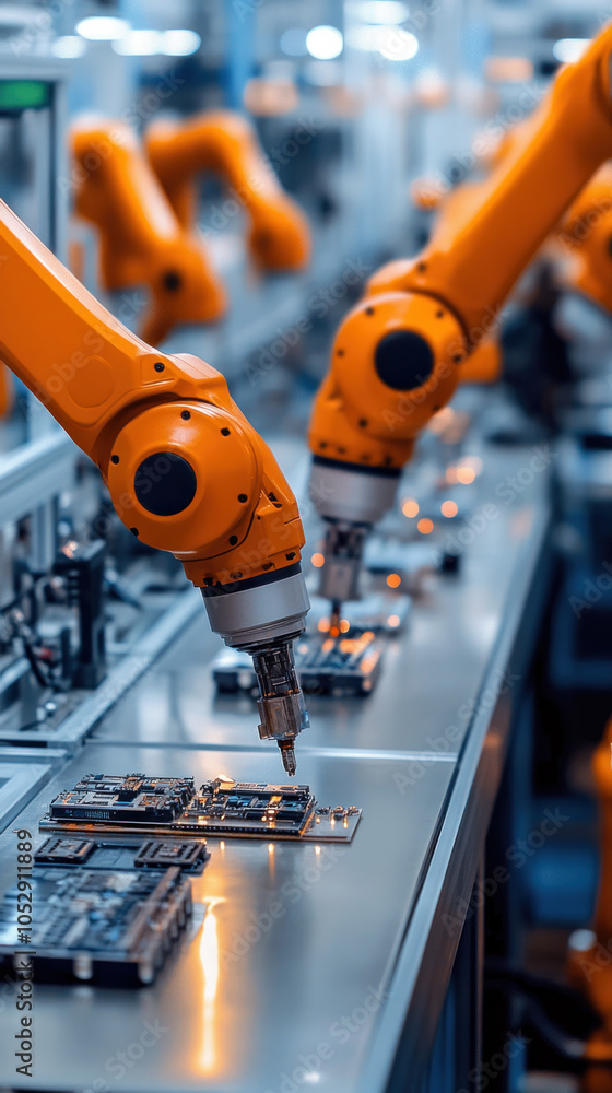 Poster two robots, both orange, are working on a circuit board. they are positioned next to each other and 