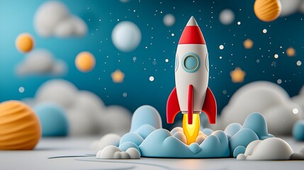 Quirky 3D clay rocket ship launching into a sky filled with colorful stars and moons creating a whimsical scene of space travel and adventure