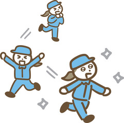 興奮して動き回る作業服の女性