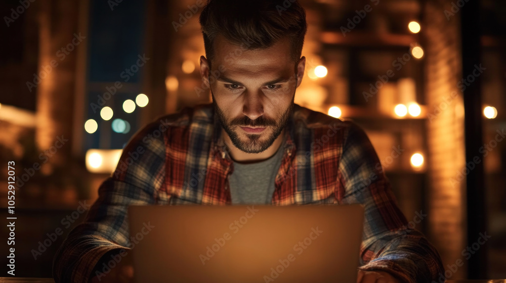 Poster a man is sitting at a table with a laptop in front of him. he is looking at the screen with a seriou