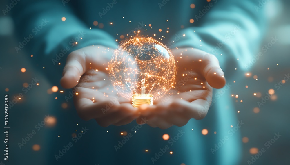 Poster 3d rendering of hands presenting a glowing lightbulb icon integrated with intricate network circuits