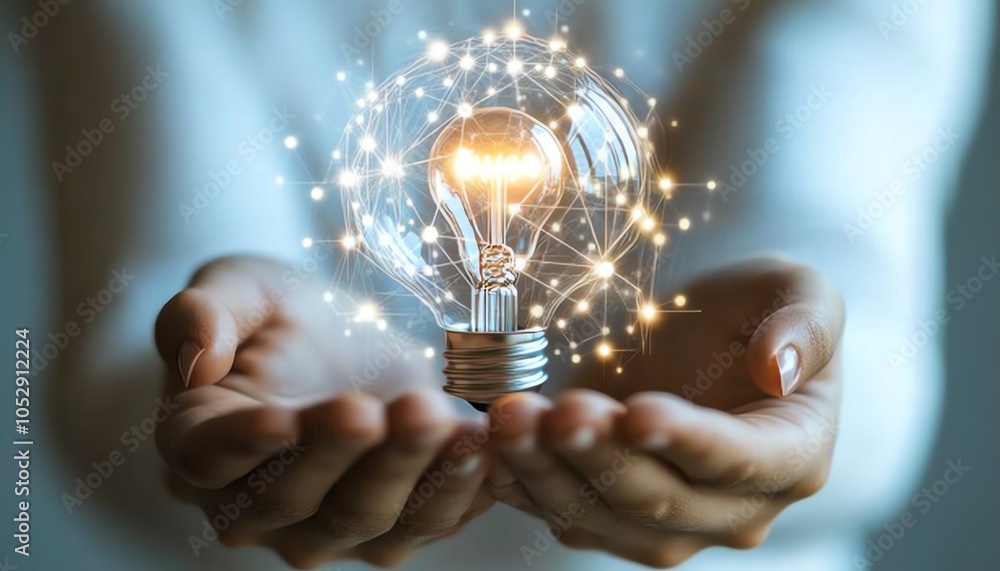 Aufkleber artistic depiction of hands holding a lightbulb icon intertwined with digital network circuits again