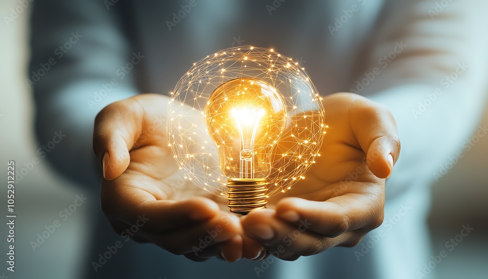 Poster artistic depiction of hands holding a lightbulb icon intertwined with digital network circuits again