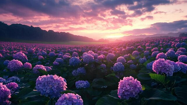 Enchanting Field of Hydrangeas at Sunset with Vibrant Colors