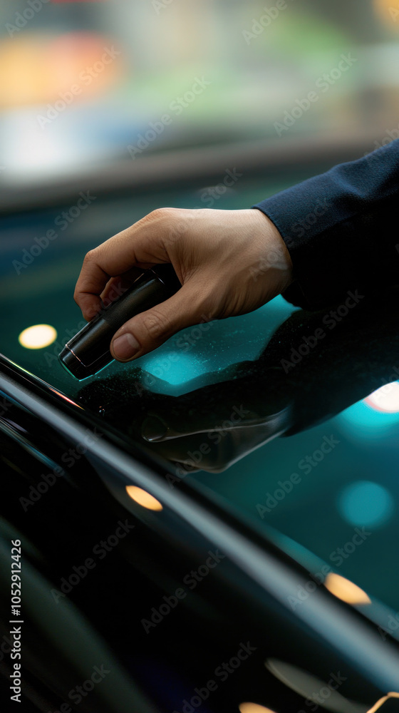 Poster a person is touching a car window with a black object. scene is calm and focused