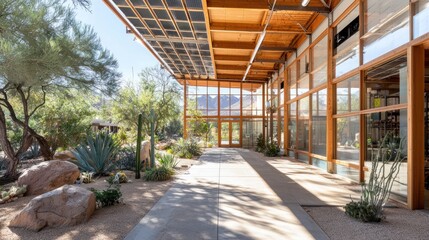 Fototapeta premium Eco-friendly warehouse exterior featuring sustainable design elements surrounded by nature