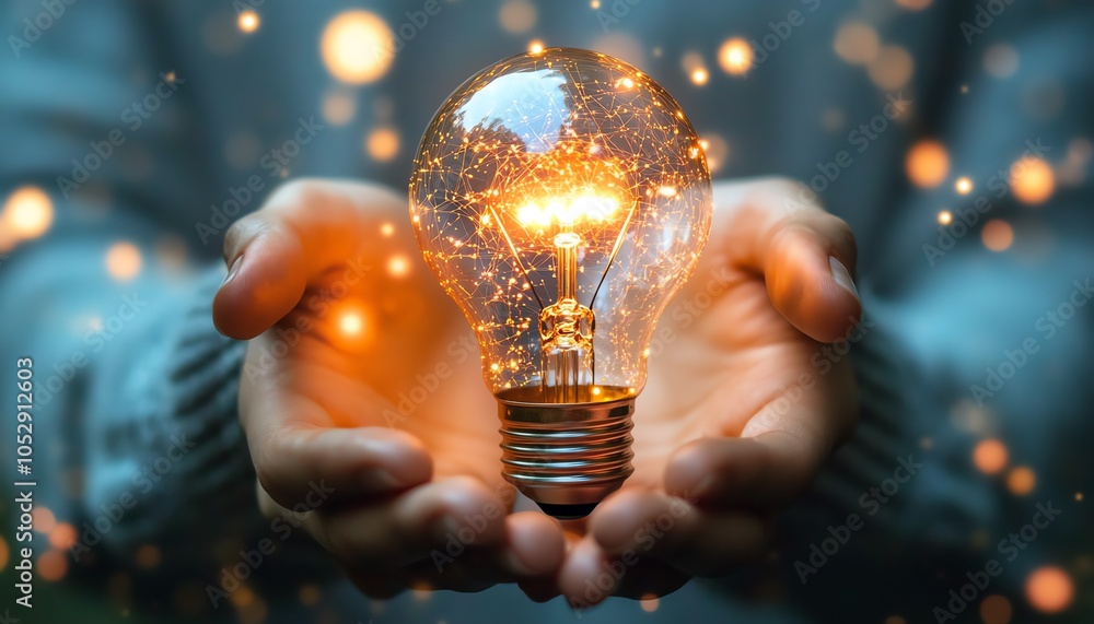 Poster creative rendering of hands presenting a lightbulb icon merged with network circuits on a light blue