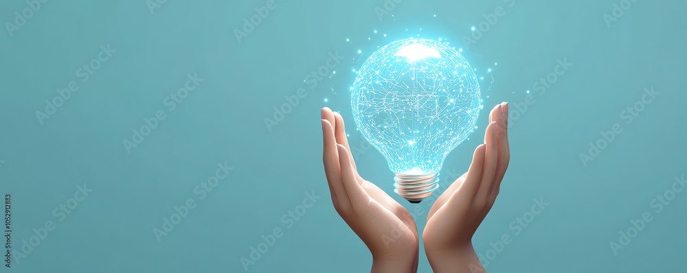 Fototapete elegant 3d image of hands holding a lightbulb icon embedded with digital circuits, set against a lig