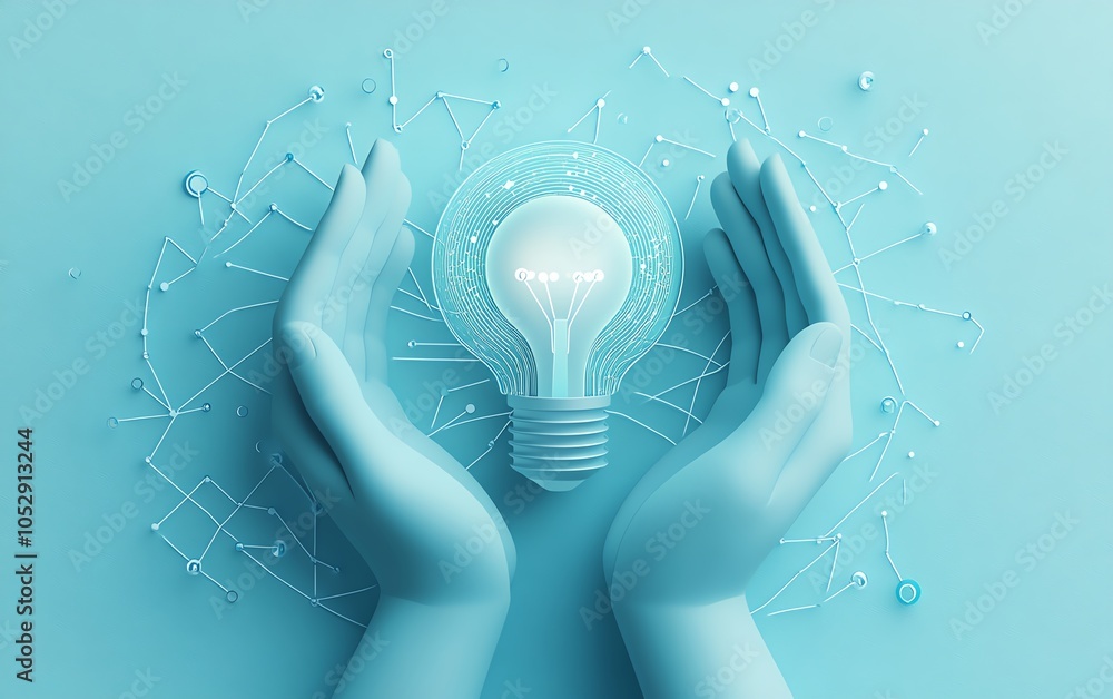 Fototapete Stylized 3D illustration of hands presenting a luminous lightbulb icon surrounded by network circuits on a light blue background, capturing the essence of modern innovation