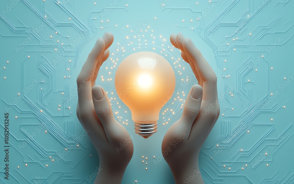 Poster stylized 3d illustration of hands presenting a luminous lightbulb icon surrounded by network circuit