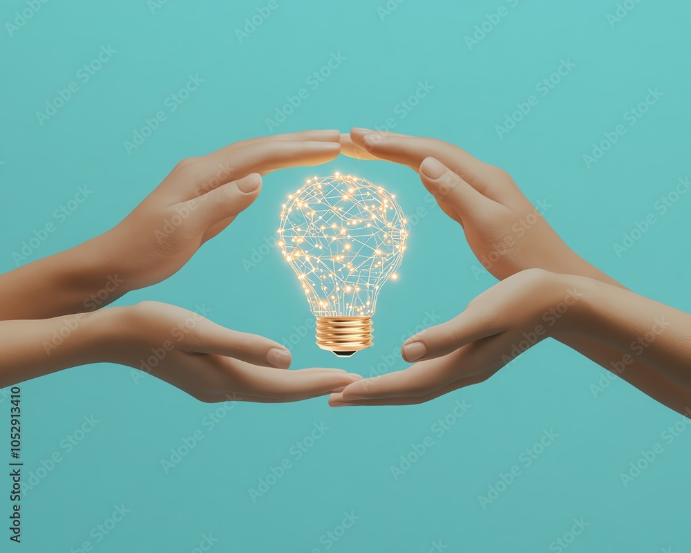 Aufkleber vibrant 3d depiction of hands presenting a lightbulb icon with network circuits on a light blue back