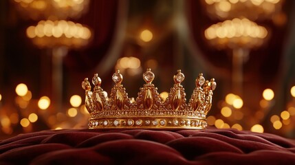 Elegant gold crown on a plush velvet cushion