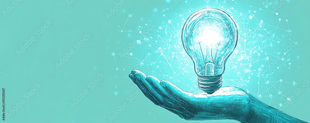 Poster creative rendering of hands presenting a lightbulb icon merged with network circuits on a light blue