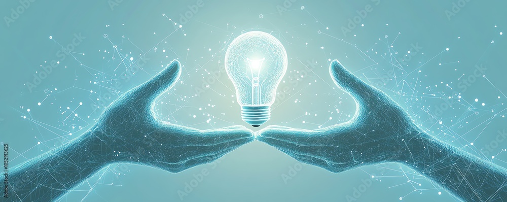 Poster creative rendering of hands presenting a lightbulb icon merged with network circuits on a light blue