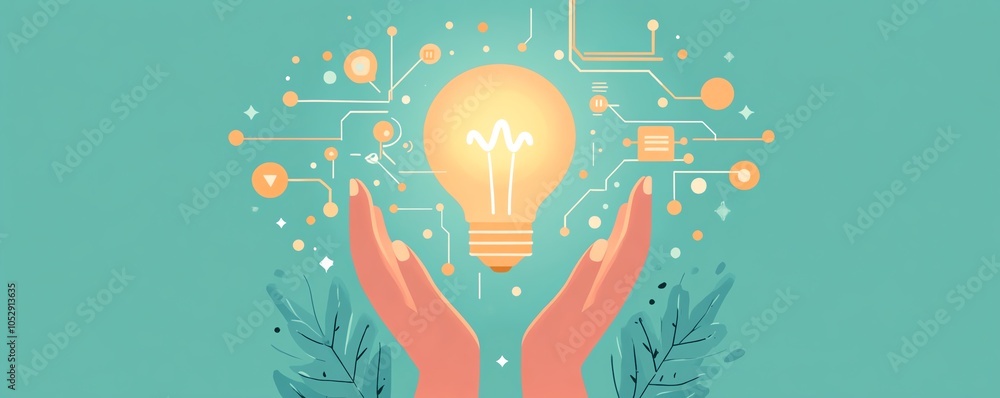 Aufkleber Dynamic composition showcasing hands presenting a bright lightbulb icon integrated with network circuits on a light blue background