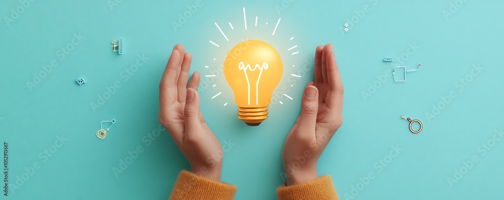 Poster dynamic composition showcasing hands presenting a bright lightbulb icon integrated with network circ