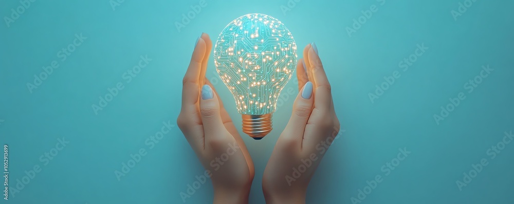 Poster Elegant 3D image of hands holding a lightbulb icon embedded with digital circuits, set against a light blue background, representing the power of ideas and technology