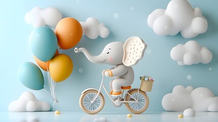 A whimsical 3D clay elephant riding a bicycle with colorful balloons trailing behind showcasing an imaginative and playful digital animation or sculpture