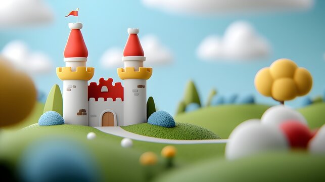 Captivating 3D clay castle with bright turrets and swirly towers set in a whimsical fantasy landscape filled with imagination and wonder