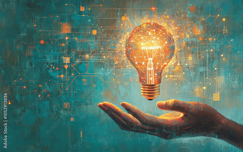 Poster Vibrant 3D depiction of hands presenting a lightbulb icon with network circuits on a light blue background, capturing the synergy between creativity and technology