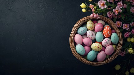Colorful Easter eggs in a woven basket with flowers