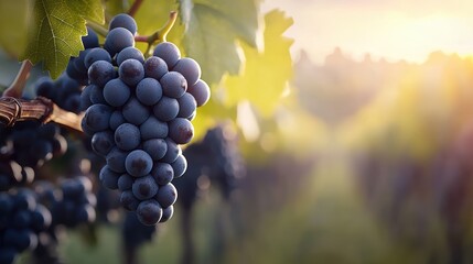 Fototapeta premium Ripe grapes basking in golden vineyard sunlight
