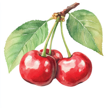 watercolor red cherries with green leaves clip art preview