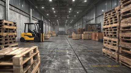 Efficient interior warehouse design featuring electric forklift and wooden pallet storage solutions