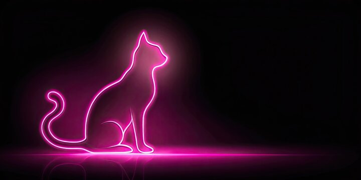 Stylish pink light outline of a cat's silhouette against dark background, cat, silhouette, stylish, pink, light, outline