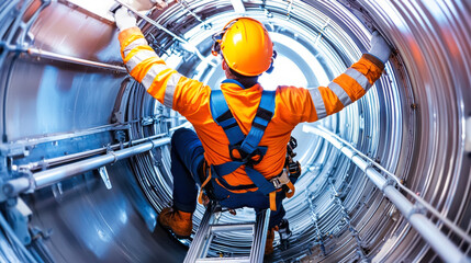 Fototapeta premium Climbing wind turbine, technician in orange safety suit and helmet navigates through metallic structure, showcasing challenges of job