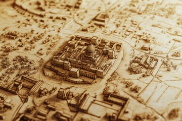 Obraz premium Detailed ancient city map, sepia tones, hand-illustrated buildings and roads, vintage layout