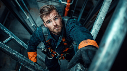 wind turbine technician climbing metal ladder, showcasing determination and focus. technician is equipped with safety gear, emphasizing importance of safety in high altitude work
