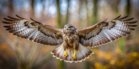 Fototapeta premium Common buzzard in flight with wings spread wide showcasing intricate feather patterns, bird, raptor, predator, flying, wings