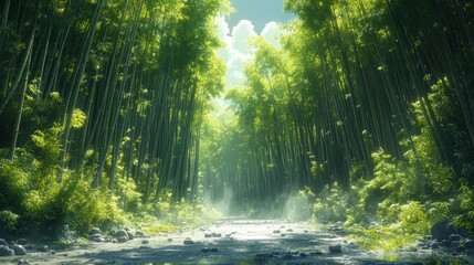 Obraz premium A Stream Winding Through a Lush Bamboo Forest