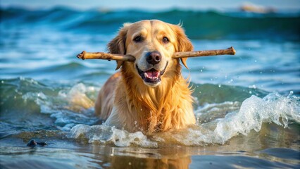 Golden retriever emerging from the sea with a stick in mouth, dog, pet, retriever, water, ocean, beach, playing, fun, summer