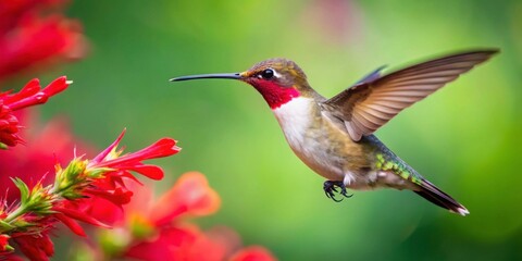 Fototapeta premium Hummingbird captured in midflight pollinating vibrant red flower, hummingbird, midflight, pollinating, red flower, nature