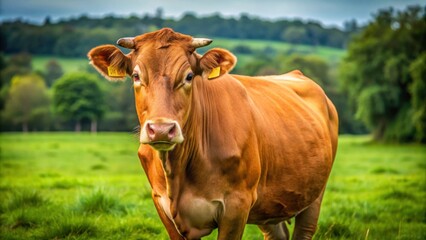 A close-up photo of a large brown cow with a shiny coat standing in a green pasture, cow, livestock, farm animal