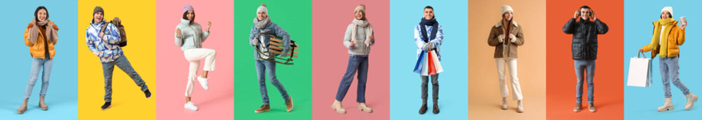Collage of young people in stylish clothes on color background
