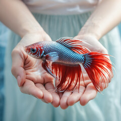 Hand holding a Red Crowntail Betta fish in soft light