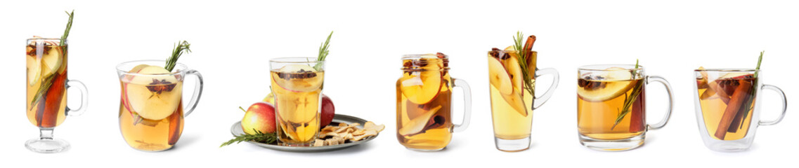 Set of delicious mulled wine on white background