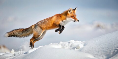 Obraz premium Fox jumping and diving into fresh white snow, fox, winter, wilderness, animal, wildlife, nature, adventure, motion, agility, cold
