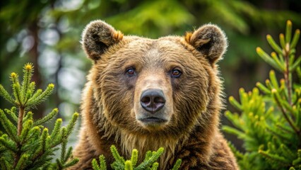 Fototapeta premium Close-up of a grizzly bear with ear tag 168, blending in with pine trees, grizzly bear, wildlife, nature, close-up, portrait