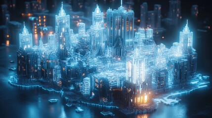 Fototapeta premium A futuristic city made of glowing blue and orange lines against a dark background.