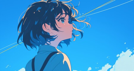 Fototapeta premium A close-up side view illustration of a girl with short hair looking up at the sky, dressed in blue and black suspenders.