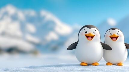 Fototapeta premium Whimsical 3D clay penguins happily sliding and laughing as they tumble down an icy slope in a charming winter landscape animation