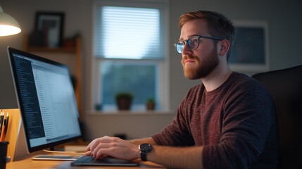 focused man working on computer in cozy home office, illuminated by soft light. His concentration reflects productive atmosphere.