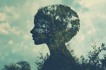 A silhouette of a woman with trees growing from her head, symbolizing the connection between nature, thoughts, and the flourishing of creativity and ideas.