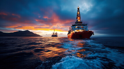 Fototapeta premium Majestic oil rigs navigate through tranquil waters at sunset, showcasing beauty of maritime industry and environmental impact