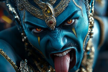 Obraz premium A close-up of Goddess Kali's fierce face, with intense eyes, blood-red tongue extended, and her third eye open